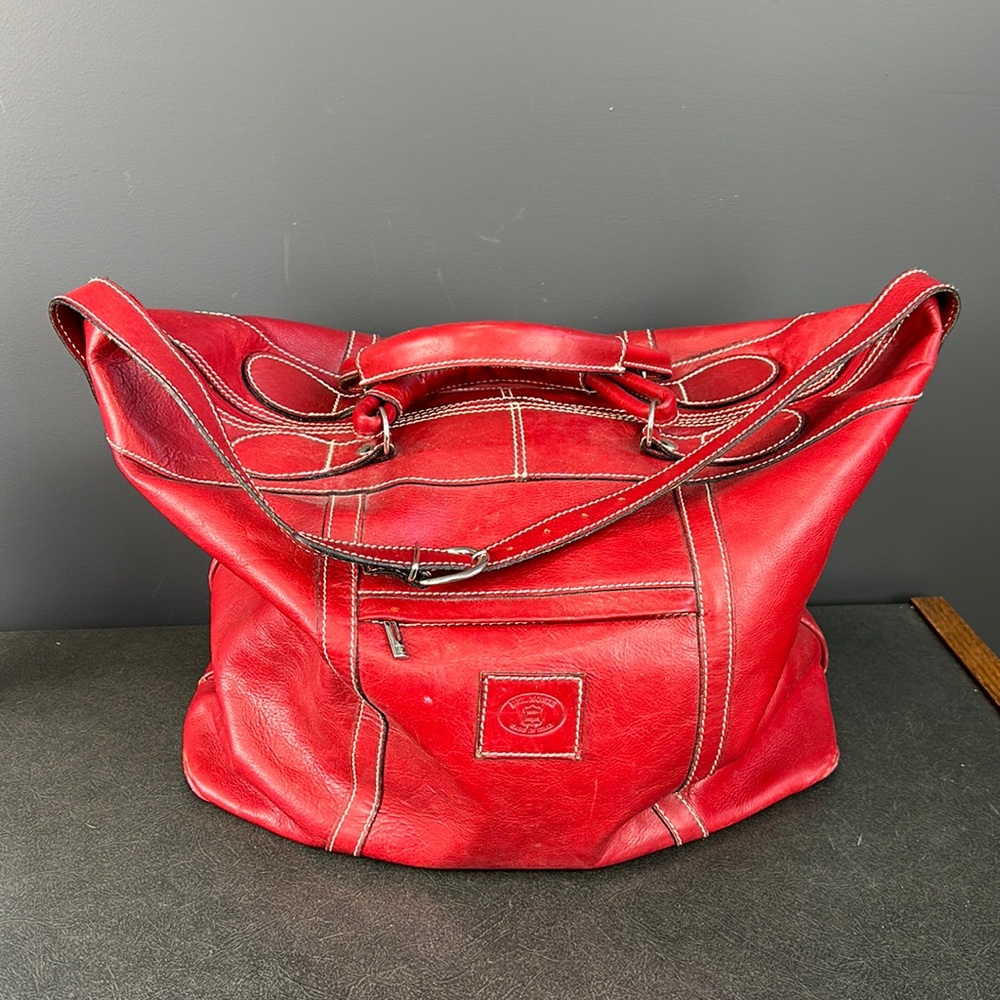 Italian Red Leather Overnight Bag